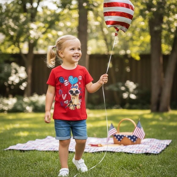 Hybrid Apparel Other - Girls Red Patriotic Yorkie Puppy Graphic Tee Fourth of July Love Shirt Kids
